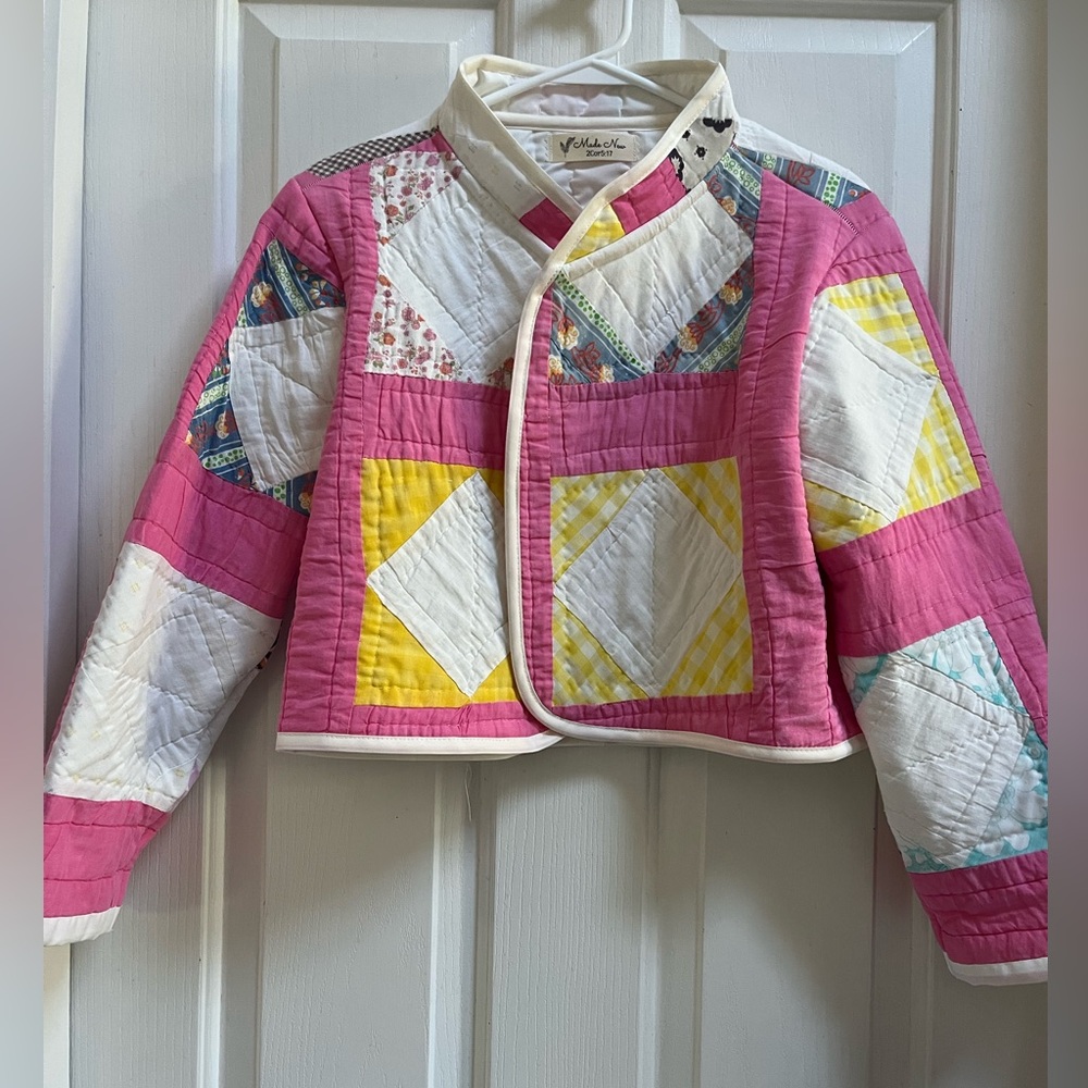 Vintage Patchwork Quilted Crop Jacket - Pink & Yellow
